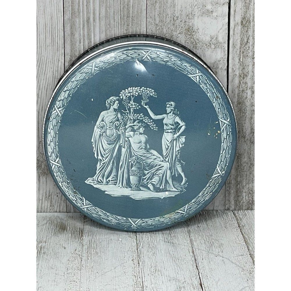 Vintage Round Blue & White Festival Bakers Tin With Greek Scene